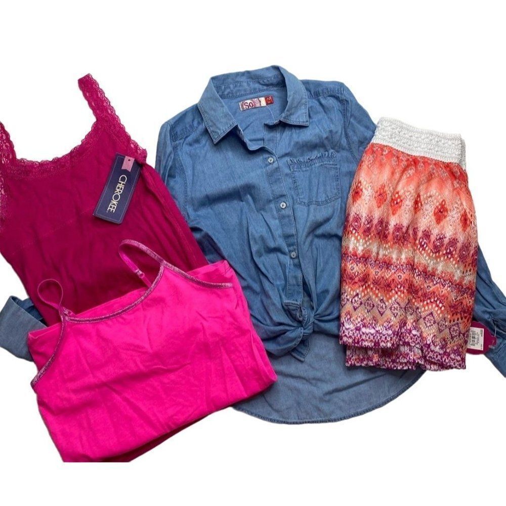 Girls Lot Bundle of Shirts Skirt Sz 10 12‎ So Cherokee Joey B Pink Chambray